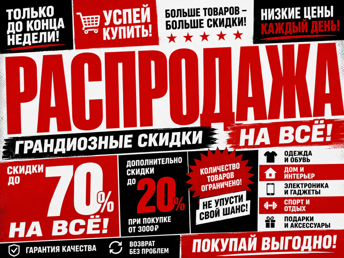 Плакат распродажи с крупной русской надписью