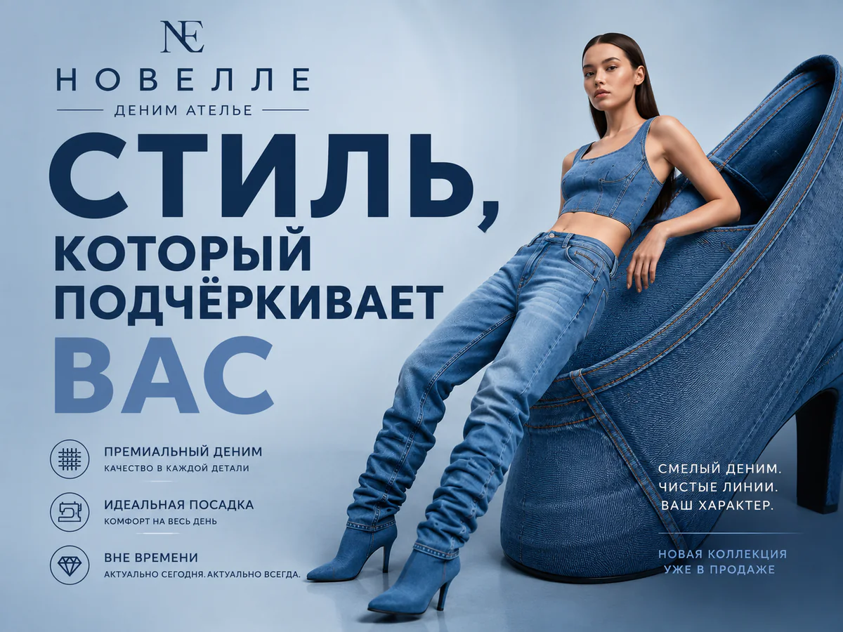 Постер джинсовой коллекции с моделью и логотипом ателье