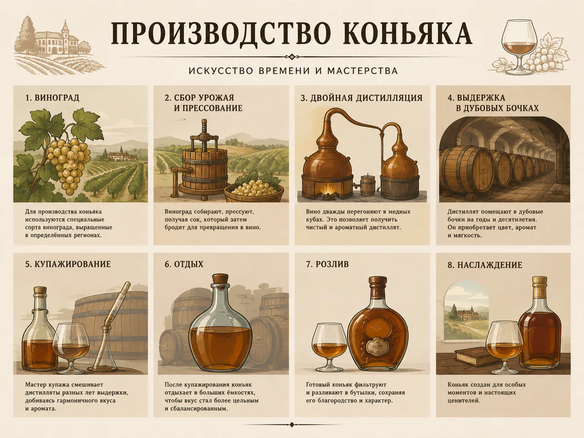 Иллюстрация к статье о производстве коньяка: восемь этапов с подписями