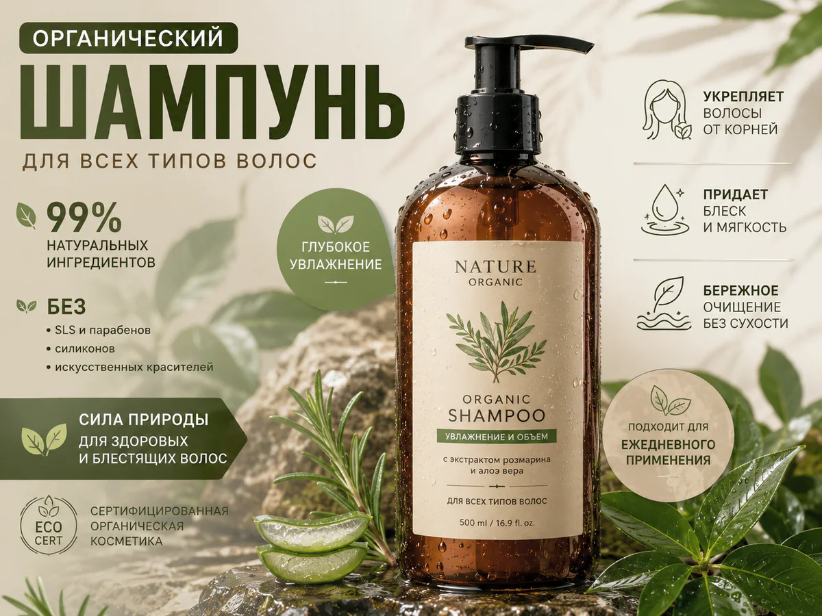 Карточка органического шампуня с подписями свойств