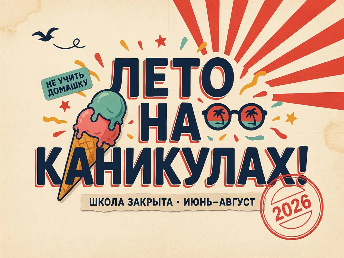 Ретро-постер «Лето на каникулах!» с мороженым и подписью «школа закрыта · июнь–август»