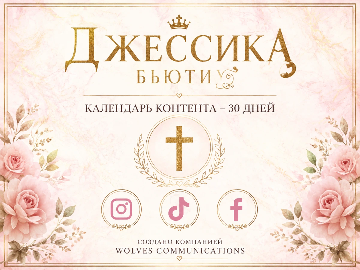 Розовая обложка с золотым заголовком, цветочной рамкой и значками соцсетей