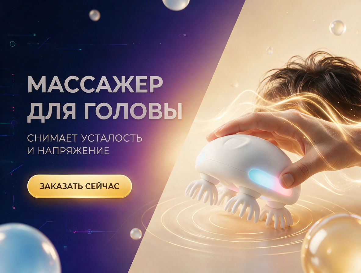 Баннер массажёра для головы: заголовок и кнопка «Заказать сейчас» слева, товар в руке справа