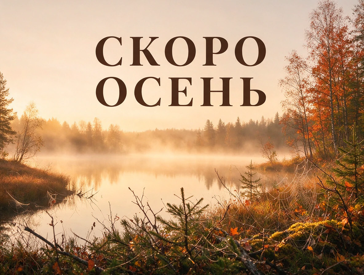 Обложка с надписью «Скоро осень» вверху: туманное озеро и осенний лес на рассвете