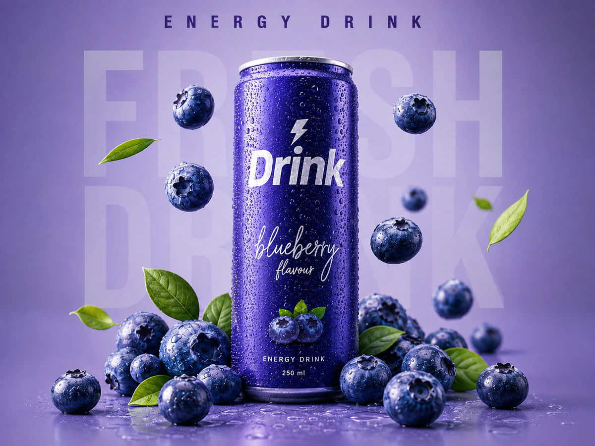 Постер энергетика: фиолетовая банка среди черники, надписи Energy drink и blueberry flavour