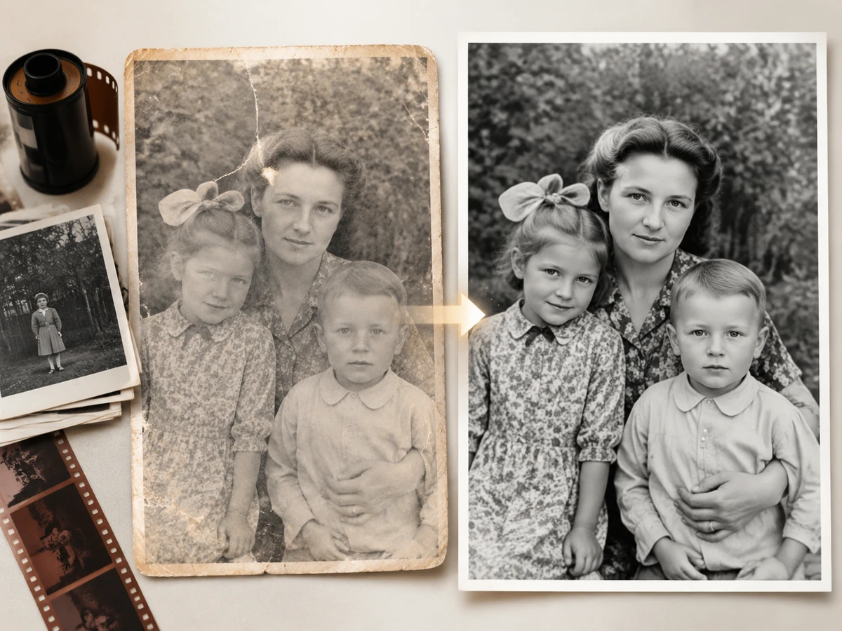 Потрёпанная фотокарточка сороковых годов и рядом восстановленный отпечаток: женщина с двумя детьми