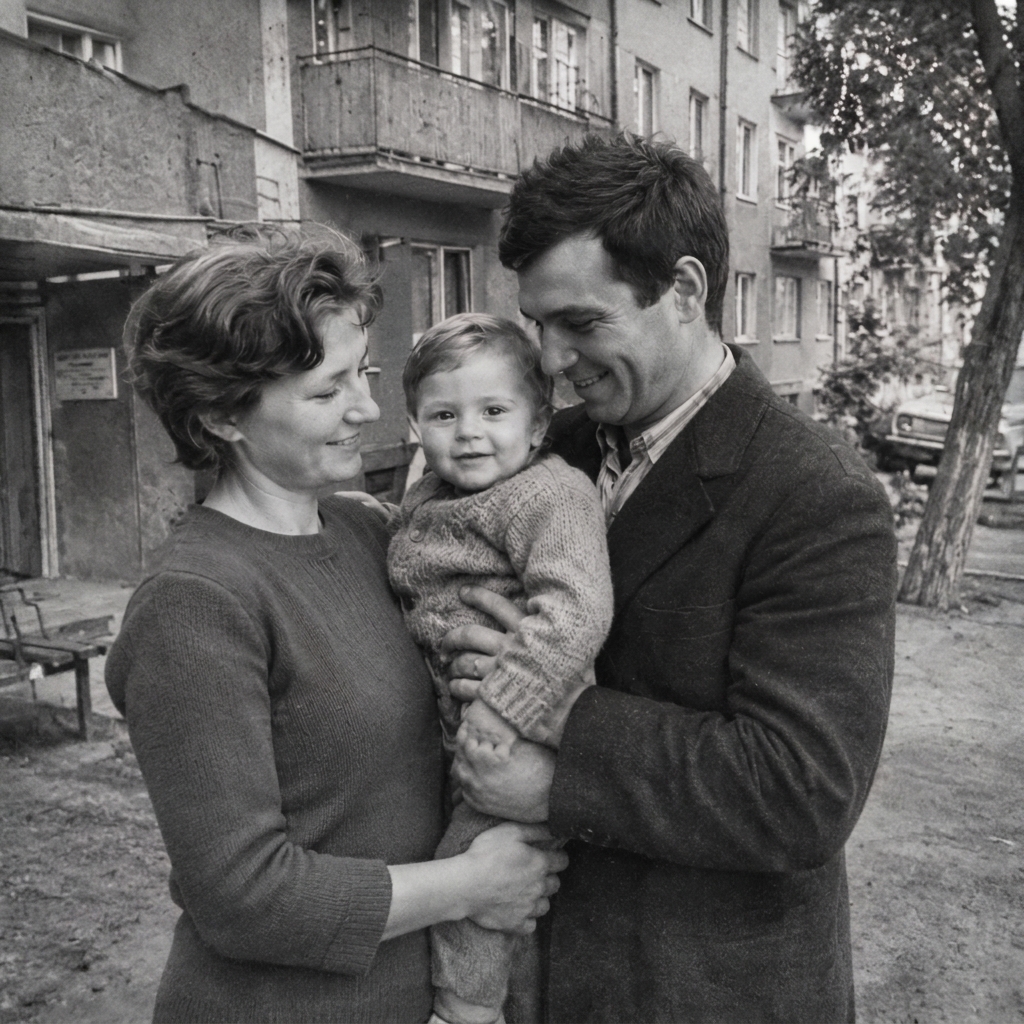 Старое семейное фото после восстановления: трещины и рваный край убраны, лица родителей и ребёнка на руках читаются