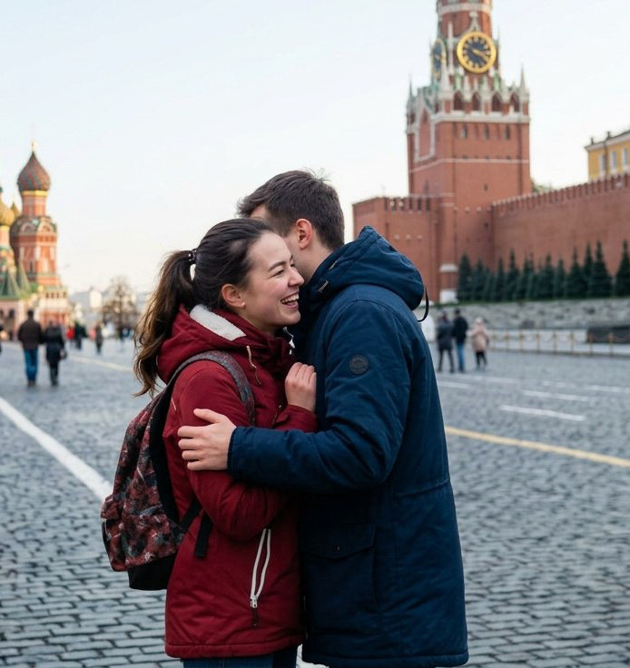 Тот же кадр после увеличения: черты лиц, ткань курток и швы брусчатки стали чёткими