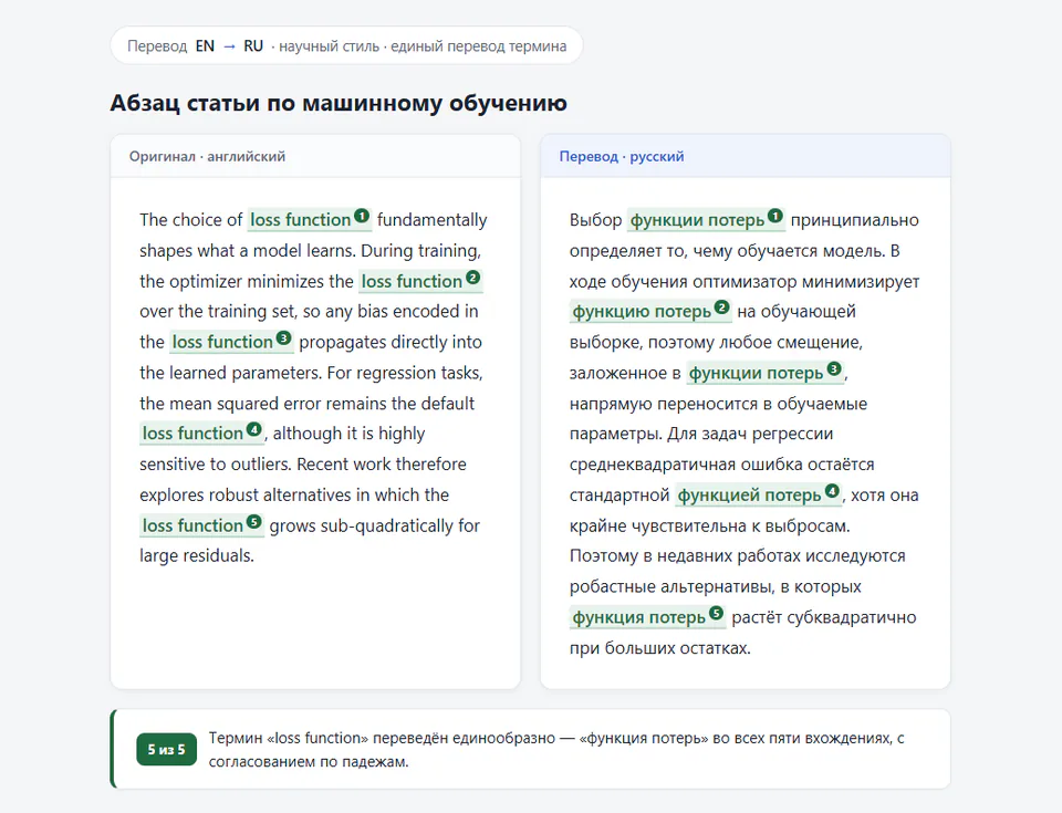 Абзац про машинное обучение EN → RU: «loss function» — «функция потерь» во всех пяти вхождениях, 5 из 5