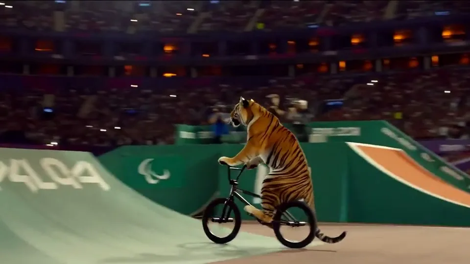Кадр Hailuo: тигр на BMX выполняет трюк на арене со зрителями