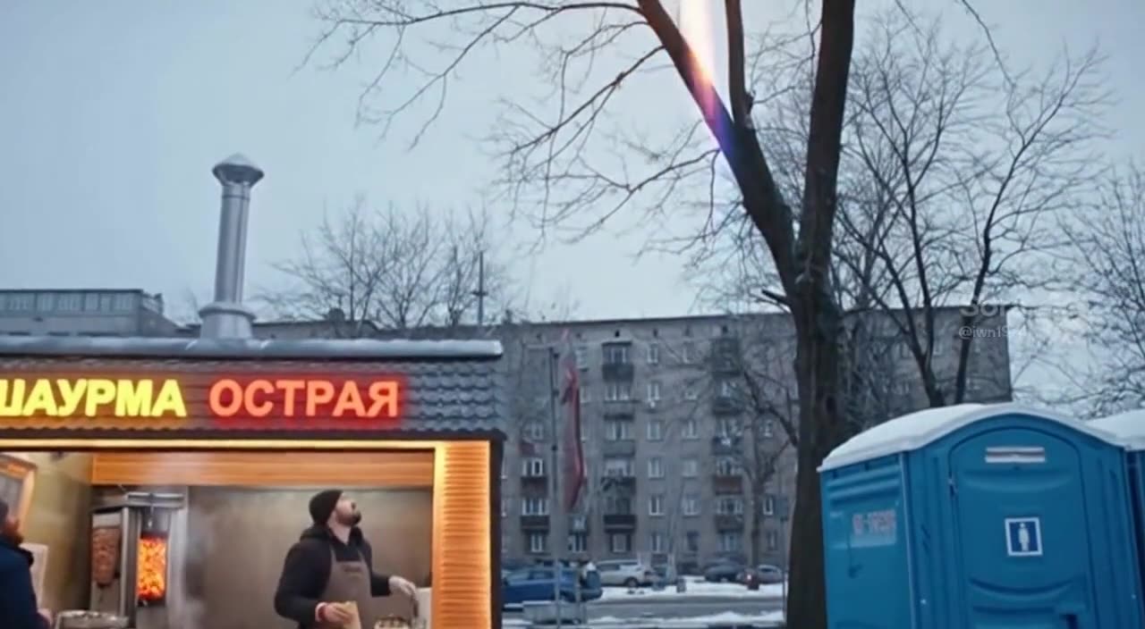 Кадр Sora: киоск с шаурмой на зимней улице
